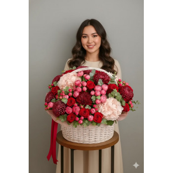 Корзина букета из хризантем, гортензий, роз, спрей роз и эвкалипта Корзина букета из хризантем, гортензий, роз, спрей роз и эвкалипта